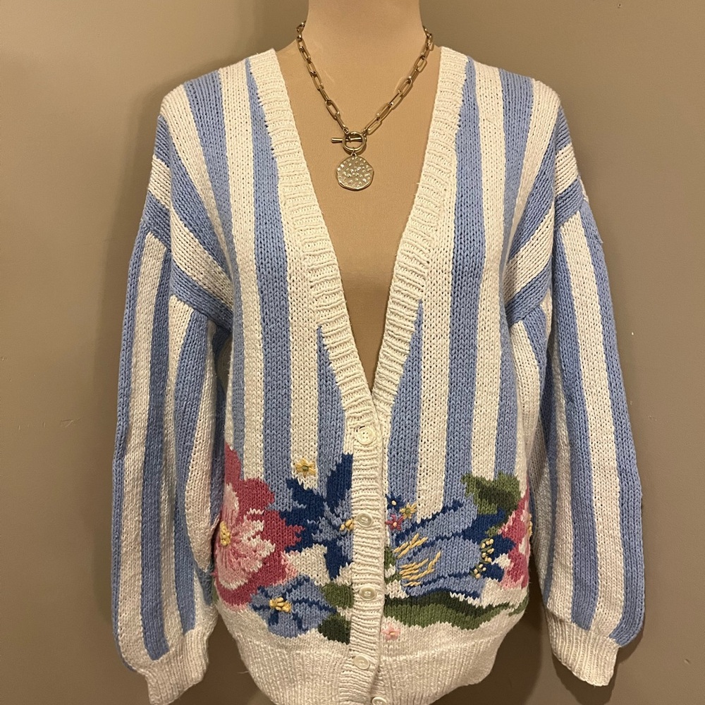 Vintage Bushwacker Striped Blue and Cream Floral Cardigan Sweater, size M